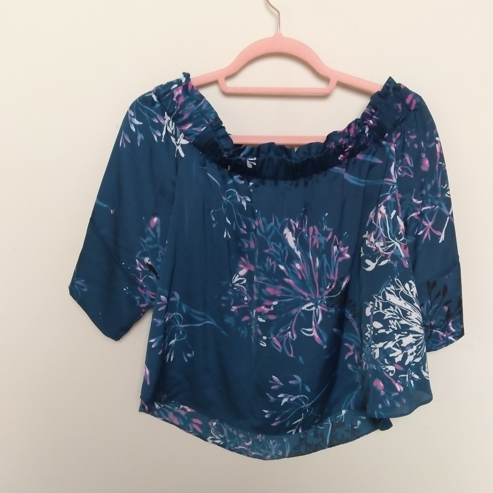 Rachel Rachel Roy Shirred Printed Teal Off the Shoulder Blouse Size Large - Picture 3 of 9
